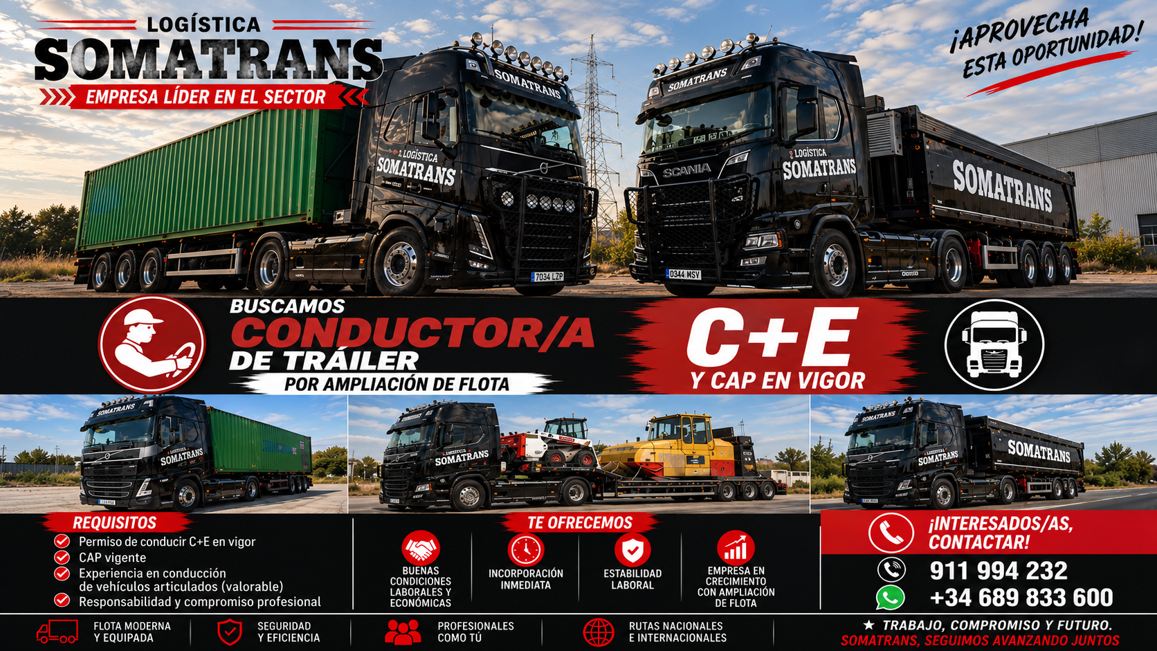 Camiones de Logística Somatrans con oferta de empleo para conductores de tráiler C+E y CAP vigente